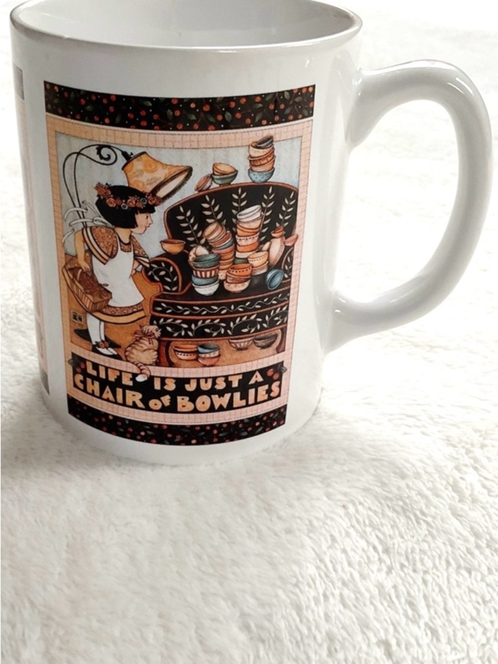 Vintage Mary Engelbreit Mug Chair of Bowlies Coffee Cup 1990s ME Ink